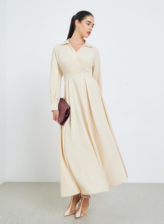 Styli Women Beige Pleated A-Line Maxi Dress - Image 5